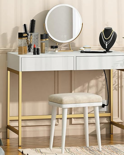 Treocho Computer Desk with USB Charging Ports and Power Outlets, Modern Simple 40 inch Vanity Desk with 2 Drawers, Makeup Table for Home Office, Bedroom, White and Gold - LeafyLoom