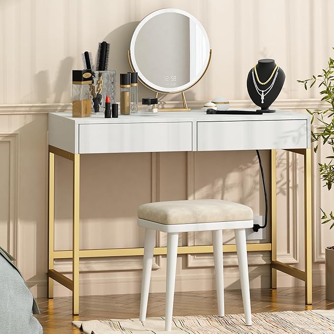 Treocho Computer Desk with USB Charging Ports and Power Outlets, Modern Simple 40 inch Vanity Desk with 2 Drawers, Makeup Table for Home Office, Bedroom, White and Gold - LeafyLoom