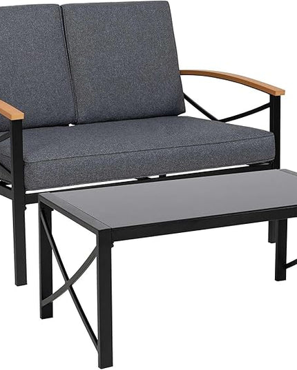 Shintenchi 2 Piece Outdoor Patio Furniture Set, Metal Sofa Chair Conversation Set, Including Loveseat and Coffee Table for Backyard, Patio, Balcony, Poolside (Dark Grey) - LeafyLoom