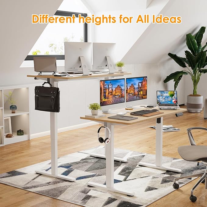 STARY Electric Adjustable Height Sit Stand Home Office Desk with Splice Board, 48x24, Castin Oak Desktop/White Frame - LeafyLoom