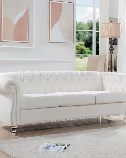 3-Seaters Living Room Clasic Chesterfield Sofa Couch Button Tufted PU Leather Upholstered Sofa&Couch with Luxury Roller Armrest Crystal Legs Movable Cushions & Nailhead Decor - LeafyLoom