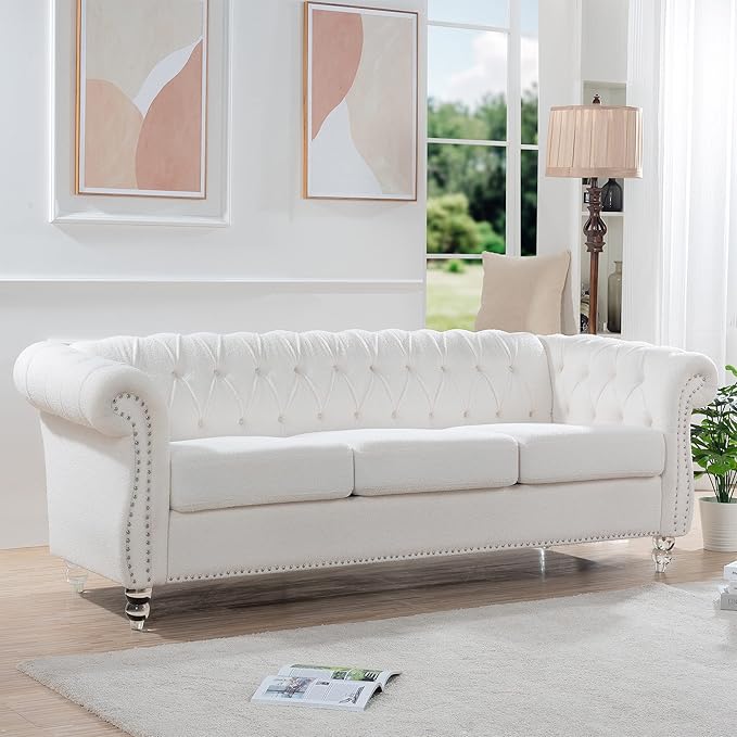 3-Seaters Living Room Clasic Chesterfield Sofa Couch Button Tufted PU Leather Upholstered Sofa&Couch with Luxury Roller Armrest Crystal Legs Movable Cushions & Nailhead Decor - LeafyLoom