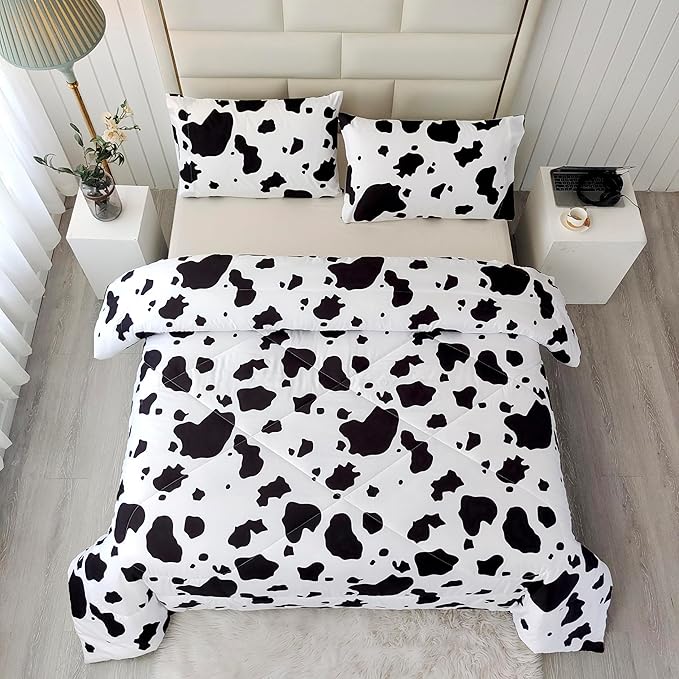 SDY 3 Pieces Milk Cow Print Stuff Bedding Comforter Set Full with 2 Pillowcases for Kids Teens Girls Women, Microfiber, Easy Wash, Light Breathable Cozy White Base Cute Milk Cow Pattern, Full Size… - LeafyLoom