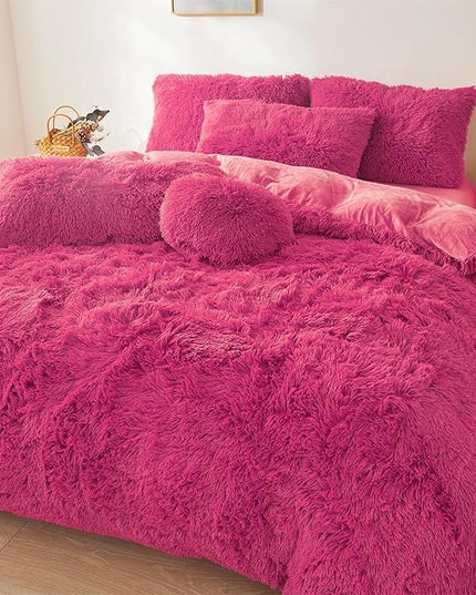 FOPPA Hot pink fluffy Comforter Cover Set king- Ultra Soft fluffy hot pink Bedding Sets 3 Pieces (1 Duvet Cover + 2 Pillow case) hot pink fluffy bed set (Hot pink, King) - LeafyLoom