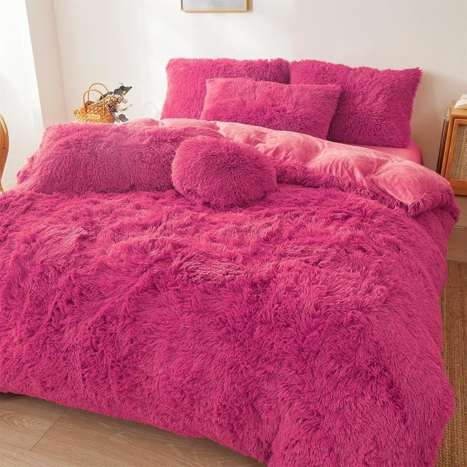 Fluffy hot pink comforters Cover twin size - Ultra Soft Plush hot pink bedding Sets 2 Pieces (1 faux fur comforter Cover + 1 fuzzy pillow case) girls shaggy hot pink twin bed set (Hot Pink, Twin) - LeafyLoom