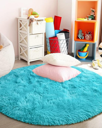 Blue Round Rug for Bedroom, Super Fluffy Circle Rugs for Baby Nursery, 5'X5' Feet Furry Carpet for Children Kids Room, Cute Soft Shaggy Rug for Girls Home Decor, Fuzzy Plush Carpets for Dorm - LeafyLoom