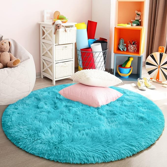 Blue Round Rug for Bedroom, Super Fluffy Circle Rugs for Baby Nursery, 5'X5' Feet Furry Carpet for Children Kids Room, Cute Soft Shaggy Rug for Girls Home Decor, Fuzzy Plush Carpets for Dorm - LeafyLoom