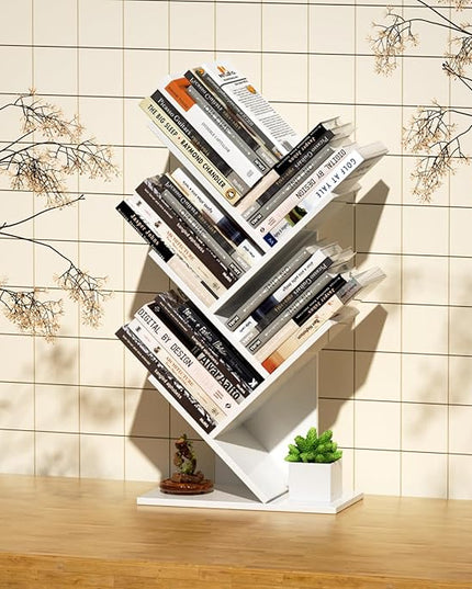 5 Tier Small Tree Bookshelf Desk Book Organizer Narrow Bookcases for Books Magazines CDs Free Standing Retro Wooden Storage Shelves for Home Office Bedroom Living Room White - LeafyLoom