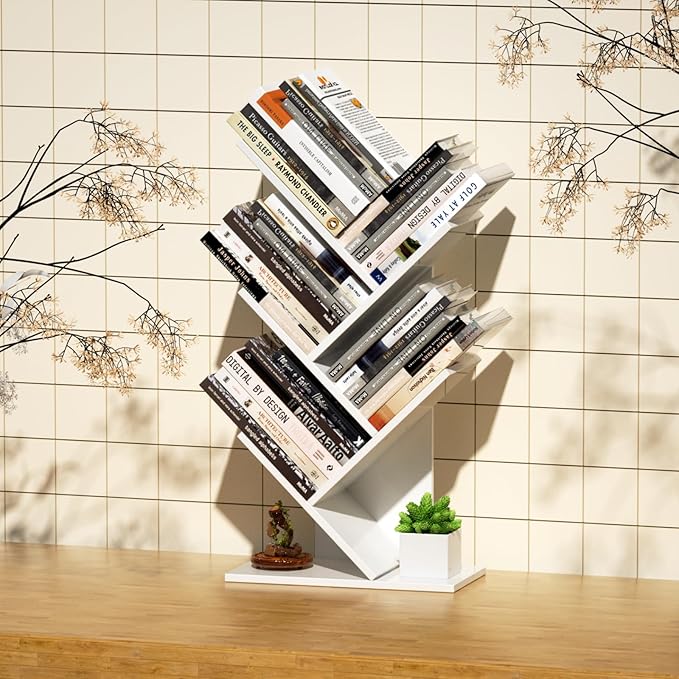 5 Tier Small Tree Bookshelf Desk Book Organizer Narrow Bookcases for Books Magazines CDs Free Standing Retro Wooden Storage Shelves for Home Office Bedroom Living Room White - LeafyLoom