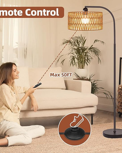 Boho Floor Lamp with Dimmable Bulb, Rattan &Linen Double Shades, Bronze Boho Standing Tall Lamps with Foot Switch, Bohemian Floor Lamps for Living Room, Bedroom, Office - LeafyLoom
