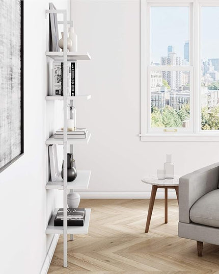 Nathan James 65506 Theo 5-Shelf White Modern Bookcase, Open Wall Mount Ladder Bookshelf with Industrial White Metal Frame, White - LeafyLoom