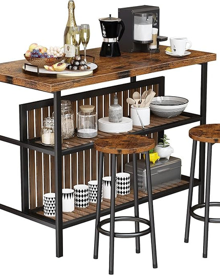 DKLGG Kitchen Island with Storage, 3 Piece Dining Table Set with 2 Tier Storage Shelves, Bar Table with Barstool, Sturdy Island Table with Chairs for Restaurant, Living Room - LeafyLoom