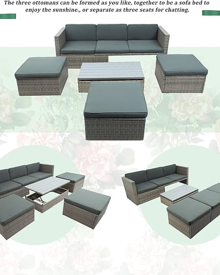 5 Pieces Patio Furniture Sets All Weather Wicker Rattan Sectional Sofa Outdoor Conversation with Adustable Backrest, Cushions, Ottomans and Lift Top Coffee Table for Poolside, Garden, Backyard - LeafyLoom