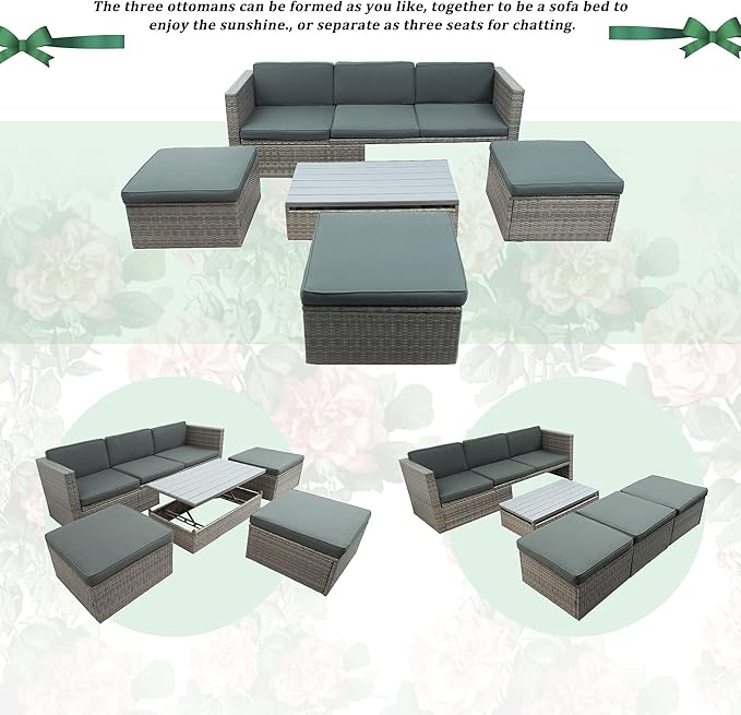5-Piece Patio Furniture Sets Wicker Outdoor Sofa Couch with Adustable Backrest, Ottomans and Lift Top Coffee Table, Onesize, Gray - LeafyLoom