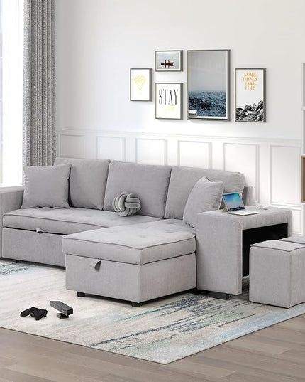 104" L Shape Reversible Sectional Sofa w/Pull Out Bed &Storage Chaise, Linen Upholstered Sleeper Couch with 2 Stools, for Living Room, Bedroom and Small Apartment, 104 Inch, Gray - LeafyLoom