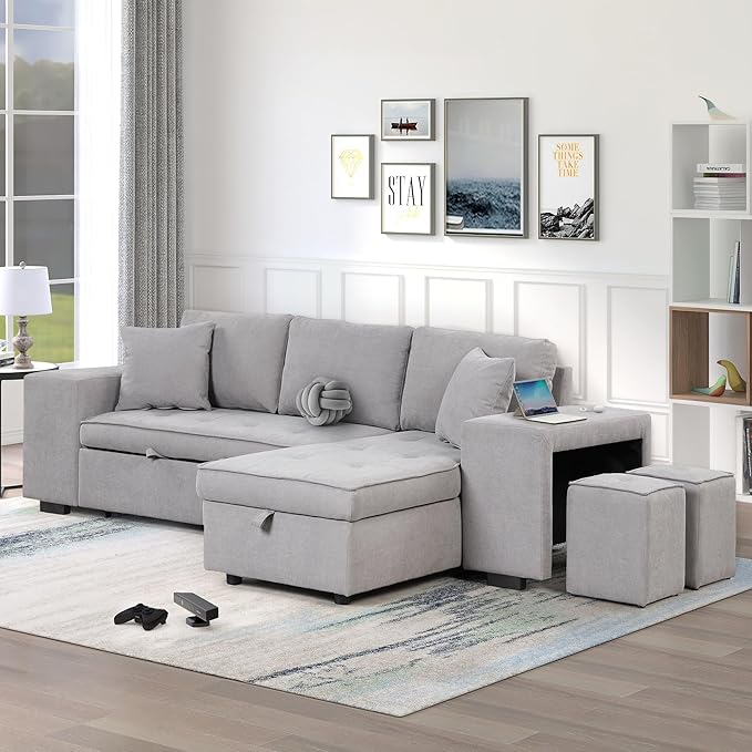 104" L Shape Reversible Sectional Sofa w/Pull Out Bed &Storage Chaise, Linen Upholstered Sleeper Couch with 2 Stools, for Living Room, Bedroom and Small Apartment, 104 Inch, Gray - LeafyLoom