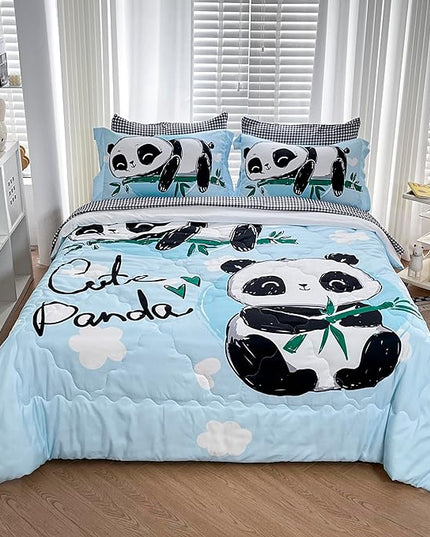 Wajade Kids Panda Comforter Set Bed in A Bag Twin Size 7 Piece Blue 3D Cute Panda Bamboo Clouds Bedding Set for Girls Boys (1 Comforter, 1 Flat Sheet, 1 Fitted Sheet, 2 Pillowcase and 2 Pillow Sham) - LeafyLoom
