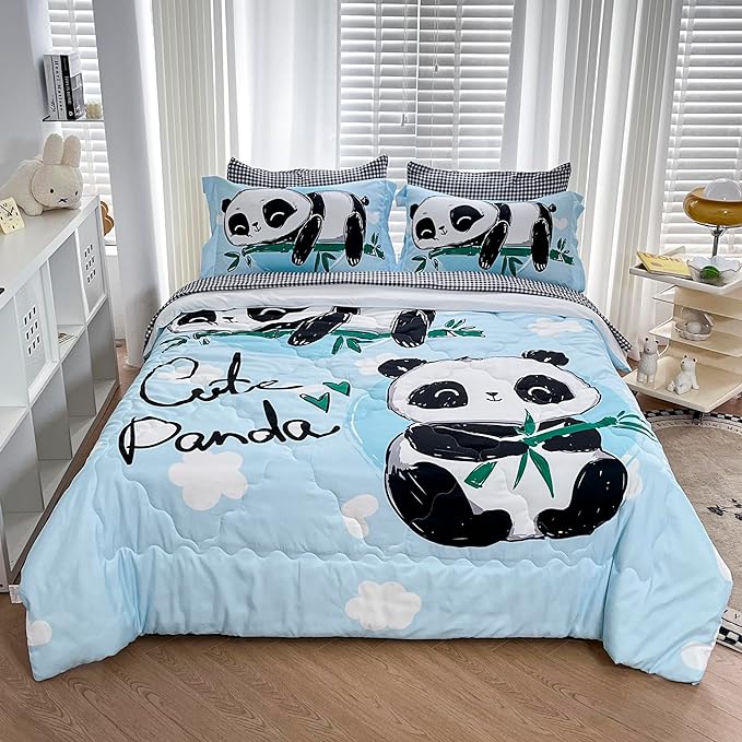 Wajade Kids Panda Comforter Set Bed in A Bag Full Size 7 Piece Blue 3D Cute Panda Bamboo Clouds Bedding Set for Girls Boys (1 Comforter, 1 Flat Sheet, 1 Fitted Sheet, 2 Pillowcase and 2 Pillow Sham) - LeafyLoom