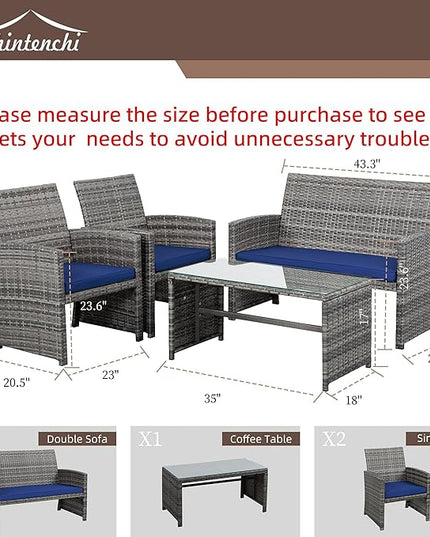 Shintenchi 4-Piece Outdoor Gray Wicker Patio Conversation Furniture Set, Rattan Patio Furniture Set with Weather Resistant Cushions and Tempered Glass Tabletop,Navy Blue - LeafyLoom