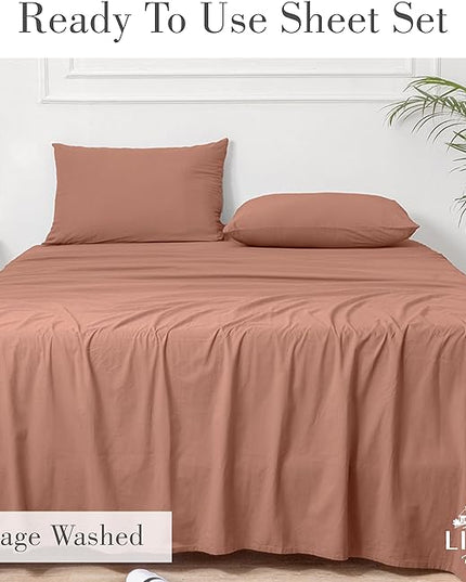 Linen Home Washed Cotton Percale Full Sheet Set, Tera Clay, Deep Pocket, 4 Pieces Bed Sheets - 1 Flat Sheet, 1 Fitted Sheet & 2 Envelope Closure Pillowcases, Cool and Comfortable Bed Linen - LeafyLoom