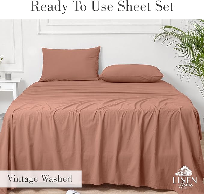 Linen Home Washed Cotton Percale Full Sheet Set, Tera Clay, Deep Pocket, 4 Pieces Bed Sheets - 1 Flat Sheet, 1 Fitted Sheet & 2 Envelope Closure Pillowcases, Cool and Comfortable Bed Linen - LeafyLoom