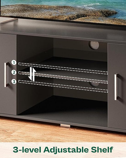 TV Stand for 55 Inch TV, Entertainment Center with Storage, 2 Cabinets, TV Console Media Cabinet with 6 Cable Holes, Black TV Stand for Living Room, Bedroom - LeafyLoom
