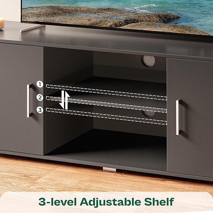 TV Stand for 55 Inch TV, Entertainment Center with Storage, 2 Cabinets, TV Console Media Cabinet with 6 Cable Holes, Black TV Stand for Living Room, Bedroom - LeafyLoom