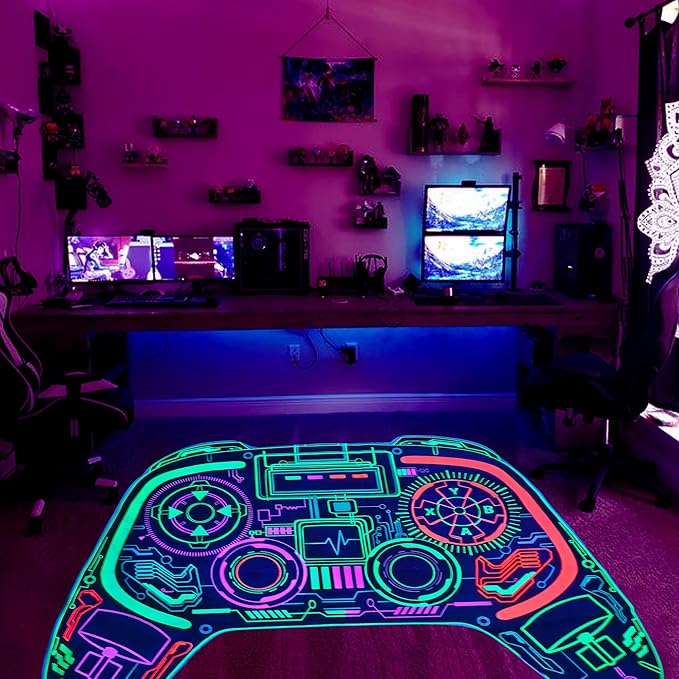 Gaming Rug for Boys Room Decor, Gamer Rugs Glow in The Blacklight Video Game Carpet Teens Playroom Non-Slip Area Rug Game Bedroom Floor Casual Mat (60"x39") - LeafyLoom