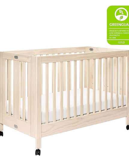 Babyletto Maki Full-Size 2-in-1 Portable Folding Crib with Toddler Bed Conversion Kit in Washed Natural, Greenguard Gold Certified - LeafyLoom