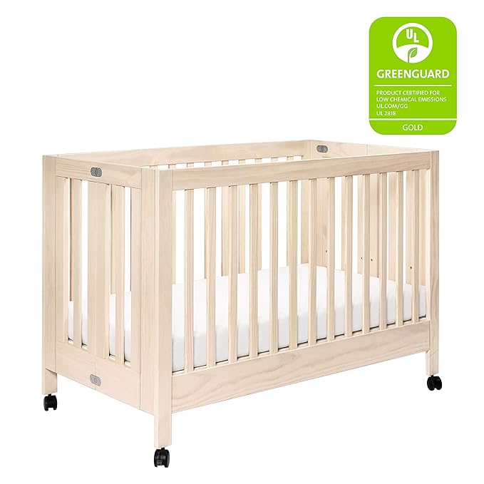 Babyletto Maki Full-Size 2-in-1 Portable Folding Crib with Toddler Bed Conversion Kit in Washed Natural, Greenguard Gold Certified - LeafyLoom