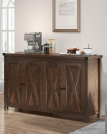 YITAHOME 55'' Sideboard Buffet Cabinet with Storage with 4 Doors, Farmhouse Large Kitchen Storage Cabinet, Wood Coffee Bar Cabinet with Barn Doors ＆ Adjustable Shelf for Kitchen, Living Room, Brown - LeafyLoom
