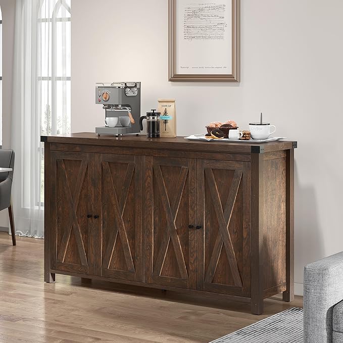 YITAHOME 55'' Sideboard Buffet Cabinet with Storage with 4 Doors, Farmhouse Large Kitchen Storage Cabinet, Wood Coffee Bar Cabinet with Barn Doors ＆ Adjustable Shelf for Kitchen, Living Room, Brown - LeafyLoom