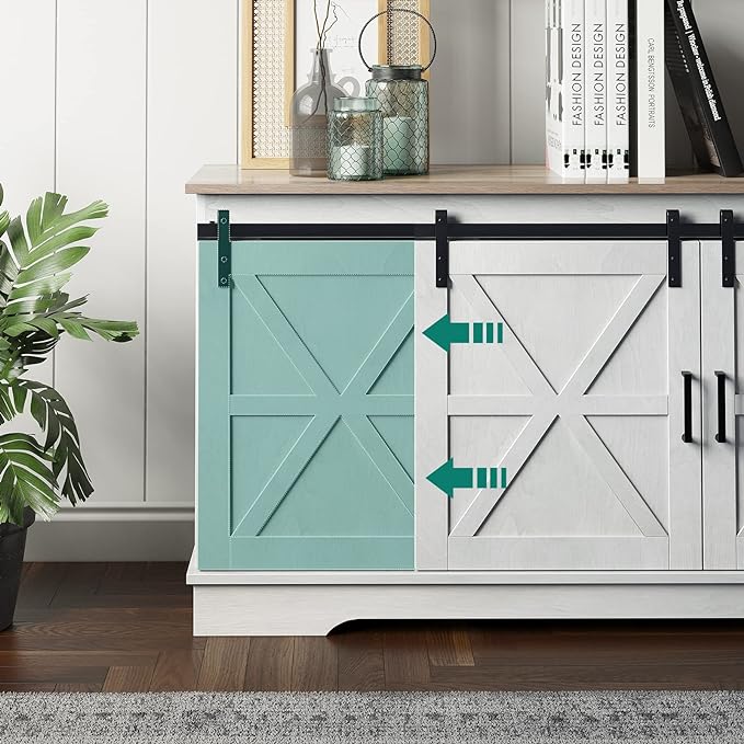 YITAHOME Farmhouse TV Stand for 65/60/55 Inch, Modern Entertainment Center with Sliding Barn Door, Wood TV Media Console Storage TV Cabinet for Living Room for 300lbs, Grey White & Grey Wash - LeafyLoom