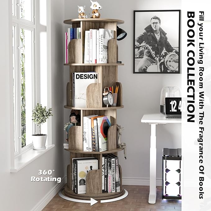 Nisorpa 4 Tier Rotating Bookshelf, 360° Revolving Bookcase Wood Rotating Stackable Shelves Floor-Standing Storage Display Rack Used in Bedrooms Living Rooms Study Office (52"x18"x18") - LeafyLoom