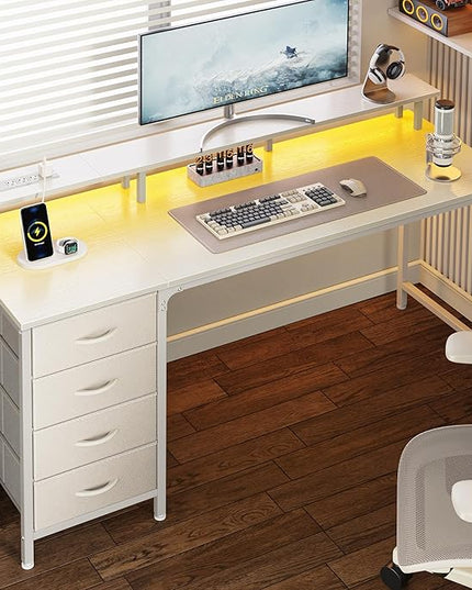 55 Inch Computer Desk with Power Outlets and LED Lights, Gaming Desk with 4 Drawers, Office Desk with Monitor Stand, Study Desk Work Desk for Home Office, White - LeafyLoom