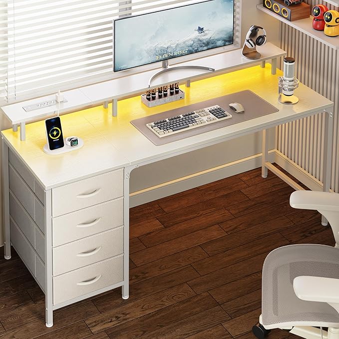 55 Inch Computer Desk with Power Outlets and LED Lights, Gaming Desk with 4 Drawers, Office Desk with Monitor Stand, Study Desk Work Desk for Home Office, White - LeafyLoom