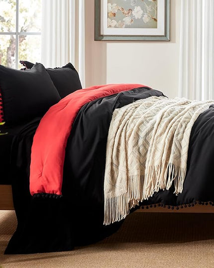 Anluoer King Comforter Set 7 Piece, Black Bed in a Bag with Sheets, Pom Pom Boho Bedding Comforter Sets with 1 Comforter, 2 Pillow Shams, 2 Pillowcases, 1 Flat Sheet, 1 Fitted Sheet - LeafyLoom
