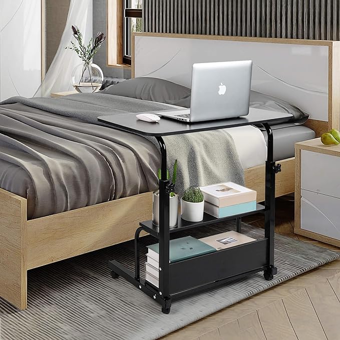 Adjustable Home Office Desk Portable Student Study Computer Desk Furniture for Small Spaces Movable Sofa Side Table on Wheels Laptop Desk with Storage Black Size 31x16 Inch - LeafyLoom