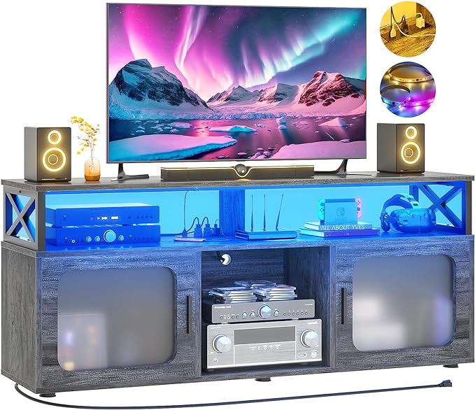 Aheaplus TV Stand for 55 60 Inch TV, Entertainment Center with LED Light & Charging Station, TV Console Table, Large Media Console Cabinet w/Soundbar Shelf, for Living Room, Bedroom, Black Oak - LeafyLoom