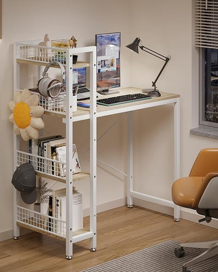 4NM 35" Small Computer Desk with 4-Tier Bookshelf and 8 Hooks, Home Office Desk Writing Workstation Study Table for Small Space Work - Natural and White - LeafyLoom