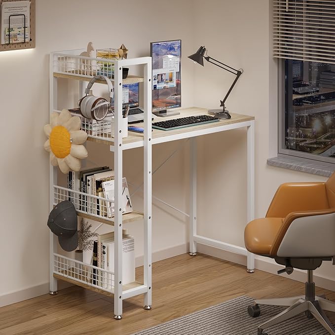 4NM 35" Small Computer Desk with 4-Tier Bookshelf and 8 Hooks, Home Office Desk Writing Workstation Study Table for Small Space Work - Natural and White - LeafyLoom