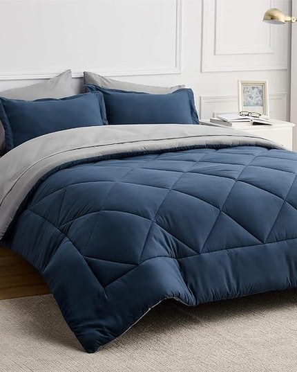 Bedsure Navy Full Size Bed in a Bag - 7 Pieces Reversible Comforter Set Full Bed Set with Comforters, Sheets, Pillowcases & Shams, Full Bedding Sets - LeafyLoom