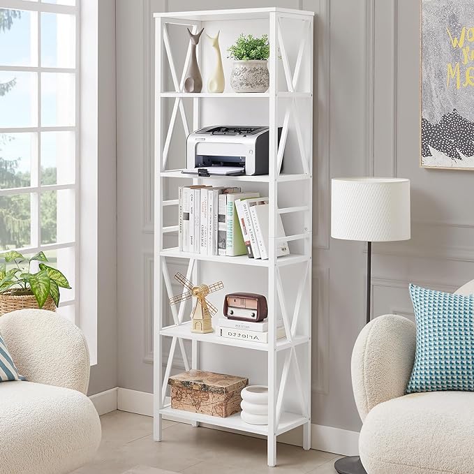 HOMISSUE Bookshelf, 6-Tier Tall Bookshelf, Rustic Wood Metal Bookshelves and Bookcases, Freestanding Open Bookshelf, Industrial Bookcase for Home Office, Living Room and Bedroom, White - LeafyLoom