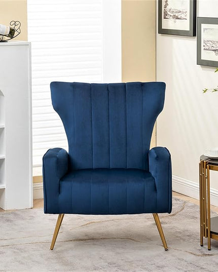 Armchair Modern Velvet Accent Chair, Channel Tufted Bedroom, Office or Living Room Furniture with Elegant Metal Legs, Blue - LeafyLoom