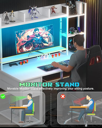 Aheaplus Desk with LED and Outlets, Gaming Desk with Hutch, 47.2'' Computer Desk with Drawers, Reversible Office Desk with Storage Bookshelf Large Workstation Desk with Shelf, Desk for Home, White - LeafyLoom