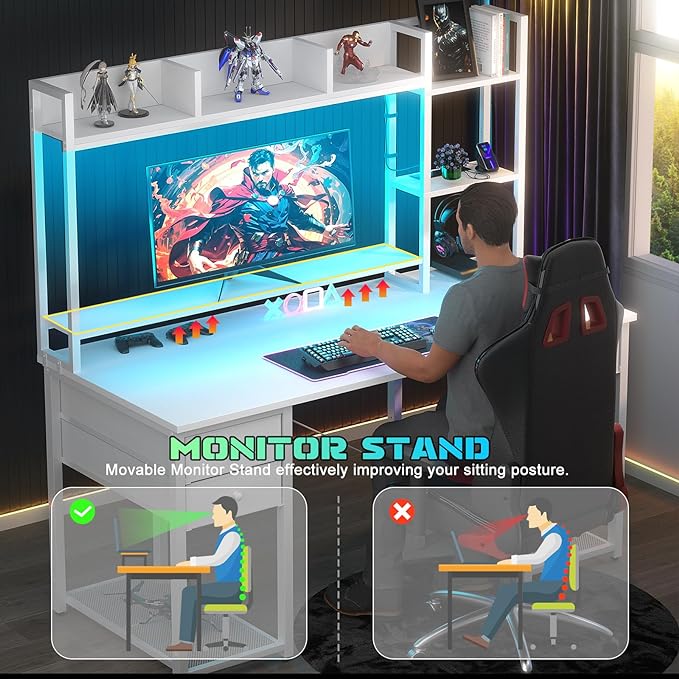 Aheaplus Desk with LED and Outlets, Gaming Desk with Hutch, 47.2'' Computer Desk with Drawers, Reversible Office Desk with Storage Bookshelf Large Workstation Desk with Shelf, Desk for Home, White - LeafyLoom