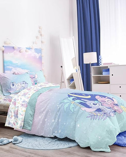 Disney Lilo and Stitch Twin Size Comforter Set - 5 Piece Floral Bedding includes Sheet Set & Pillow Covers Features Angel - Super Soft Purple & Teal Stars Kids Bedding - LeafyLoom