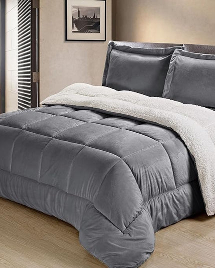 Cathay Home Queen Comforter Set: Ultra Soft and Plush Reversible Micromink and Sherpa 3-Piece Bedding Set, Pewter, Queen (90" x 90") - LeafyLoom