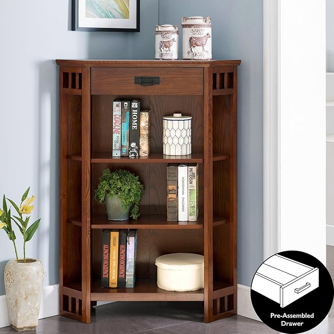 Leick Home Mantel Height Corner Bookcase with Drawer Storage, Made with Solid Wood, for Entryway, Living Rooms, Home Office, Bedroom, Mission Oak Finish, 12"D x 32"W x 50"H, Brownbronze - LeafyLoom