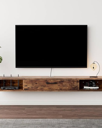 Floating TV Unit, 47'' Wall Mounted TV Cabinet, Floating Shelves with Door, Modern Entertainment Media Console Center Large Storage TV Bench for Living Room & Office (47.24IN, Rustic Brown) - LeafyLoom